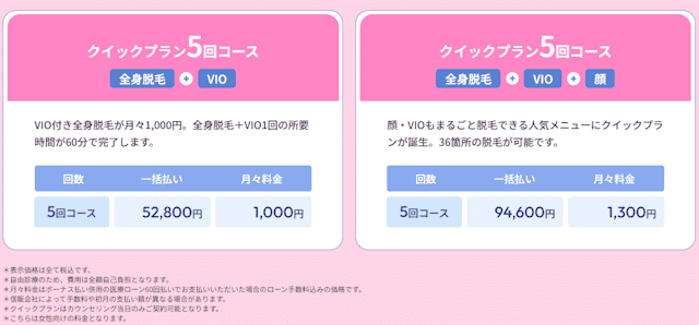 フレイアクリニックのクイックプラン料金