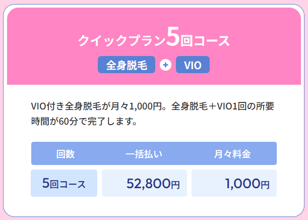 フレイアクリニックのクイックプラン5回コース全身＋VIO