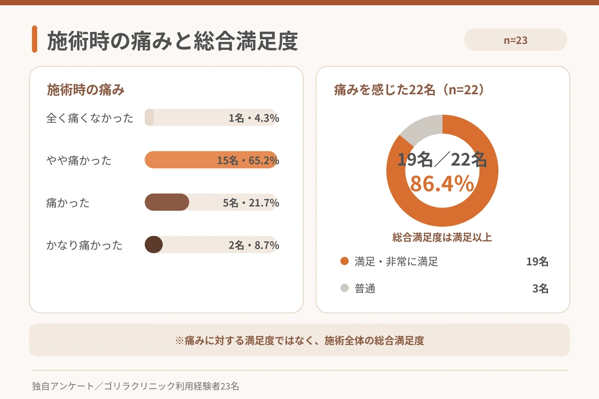 ゴリラクリニックの施術時の痛みの程度と痛みを感じた22名の総合満足度