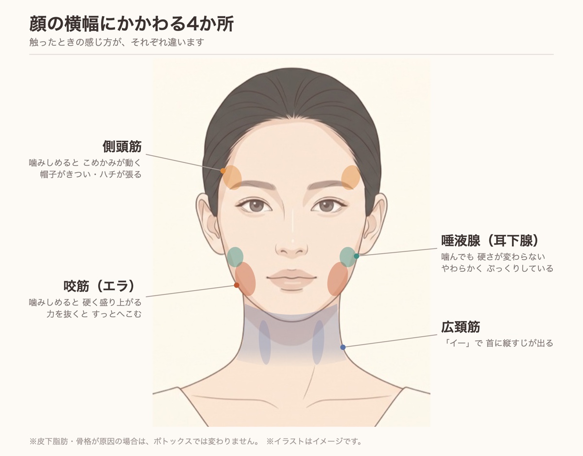 顔の横幅にかかわる4か所(側頭筋・咬筋・耳下腺・広頚筋)の位置を示したイラスト