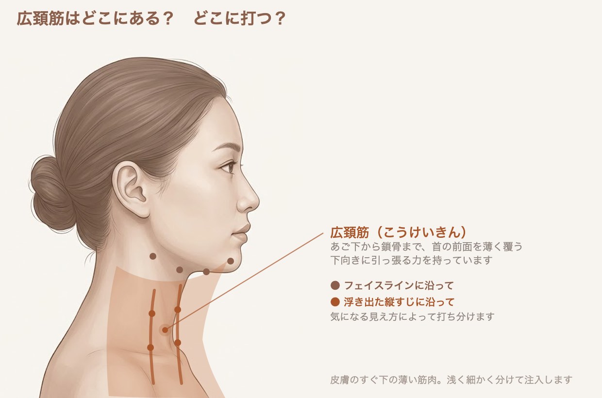 広頚筋の範囲と注入するポイントを示したイラスト