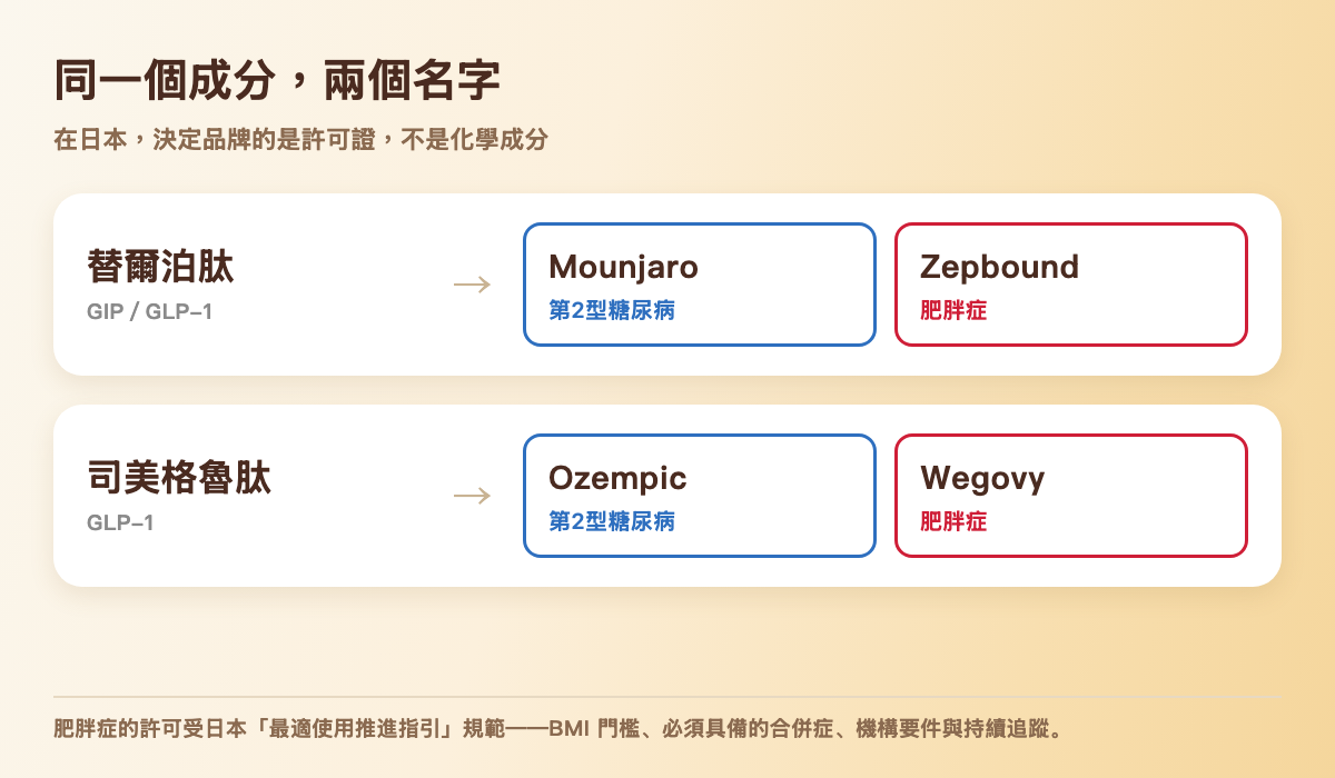 在日本，替爾泊肽以 Mounjaro（第2型糖尿病）與 Zepbound（肥胖症）兩個品牌販售；司美格魯肽則為 Ozempic 與 Wegovy