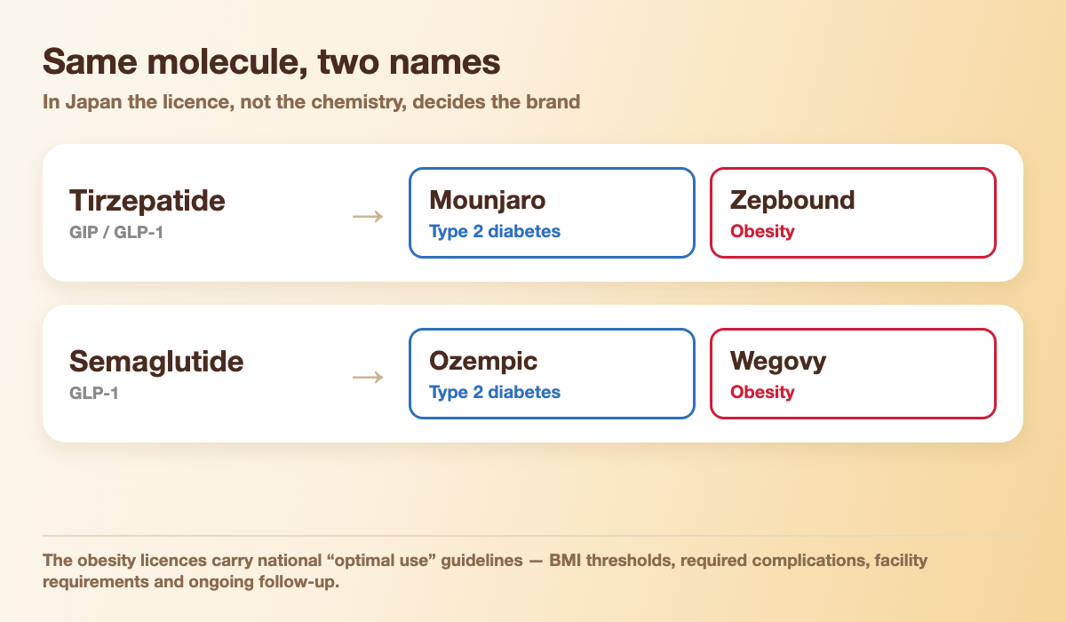 In Japan tirzepatide is sold as Mounjaro for type 2 diabetes and as Zepbound for obesity; semaglutide is sold as Ozempic and Wegovy in the same way