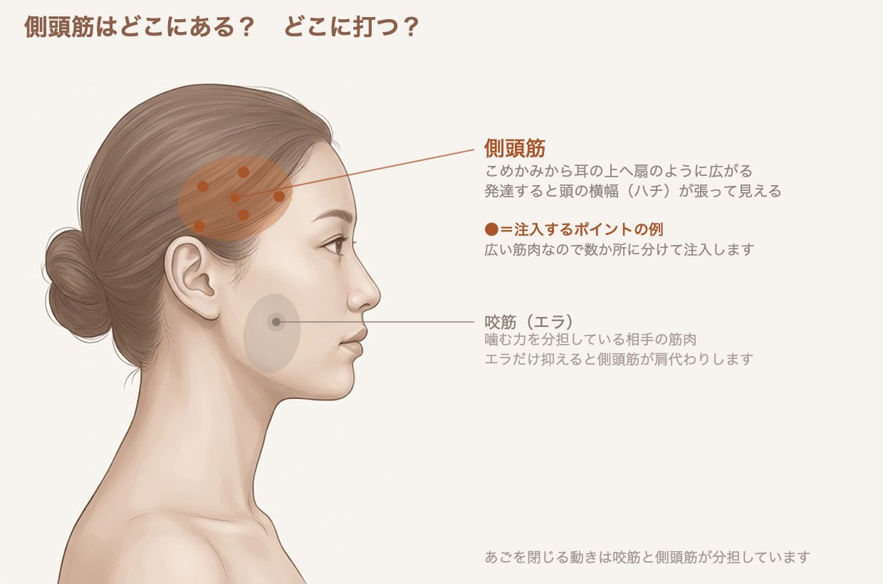 側頭筋の位置と注入するポイントを示したイラスト