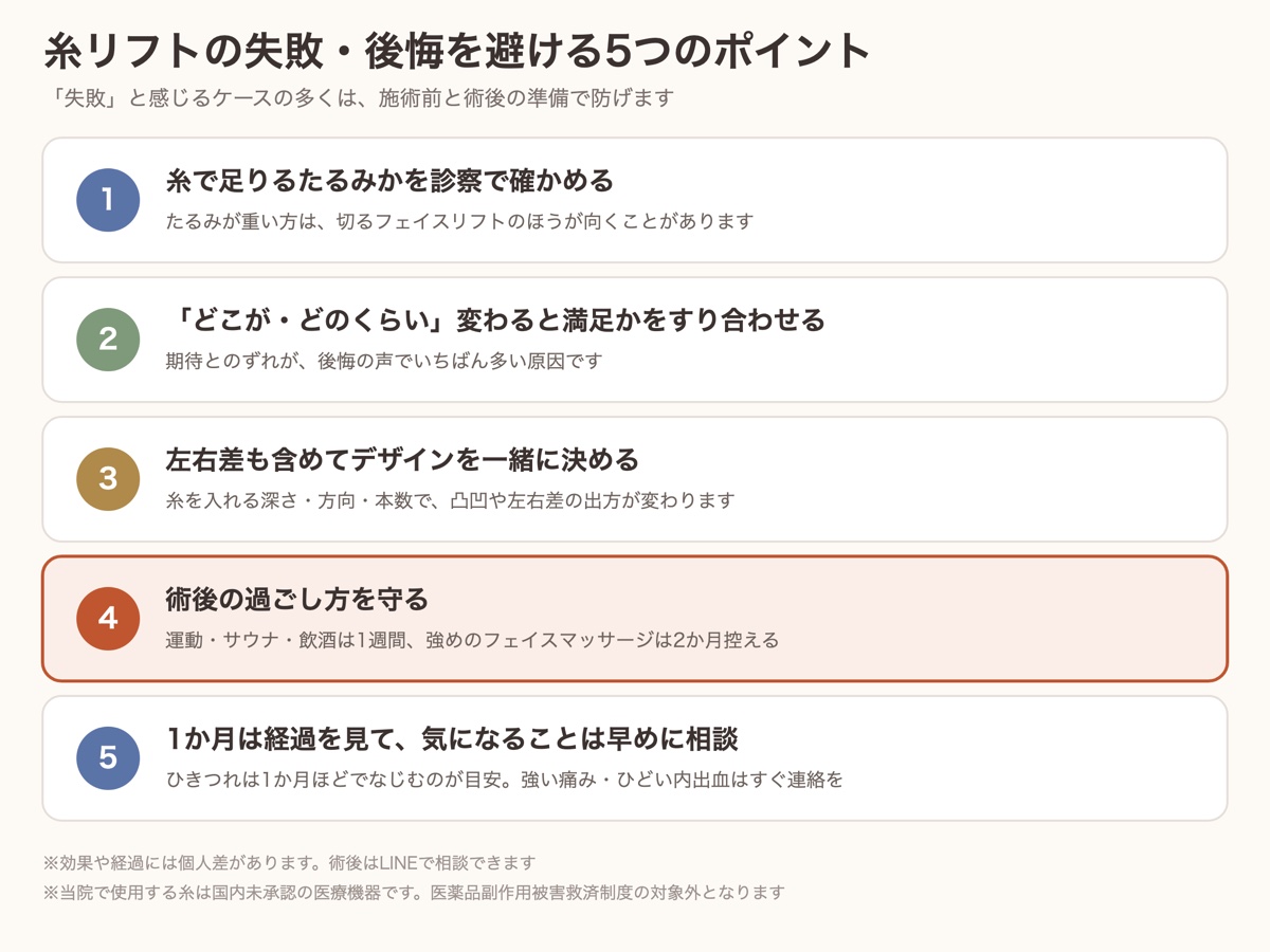 糸リフトの失敗・後悔を避ける5つのポイント
