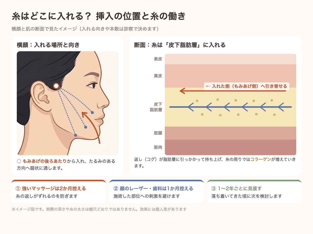 糸リフトの糸を入れる位置（もみあげの後ろ）と皮下脂肪層での糸の働き