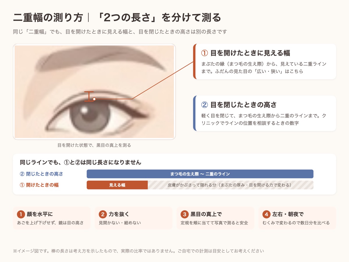 二重幅の測り方の図。目を開けたときに見える幅と、目を閉じたときの高さの違い、測る手順4つ