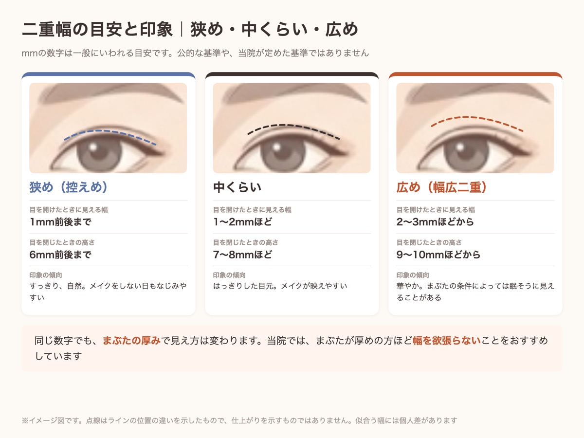 二重幅の目安と印象の図。狭め・中くらい・広めの3タイプと一般にいわれるmmの目安