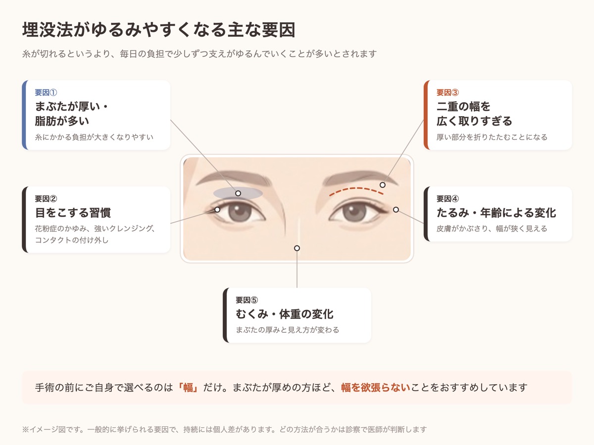 埋没法がゆるみやすくなる主な要因の図。まぶたの厚み・目をこする習慣・広すぎる二重幅・たるみ・むくみの5つ