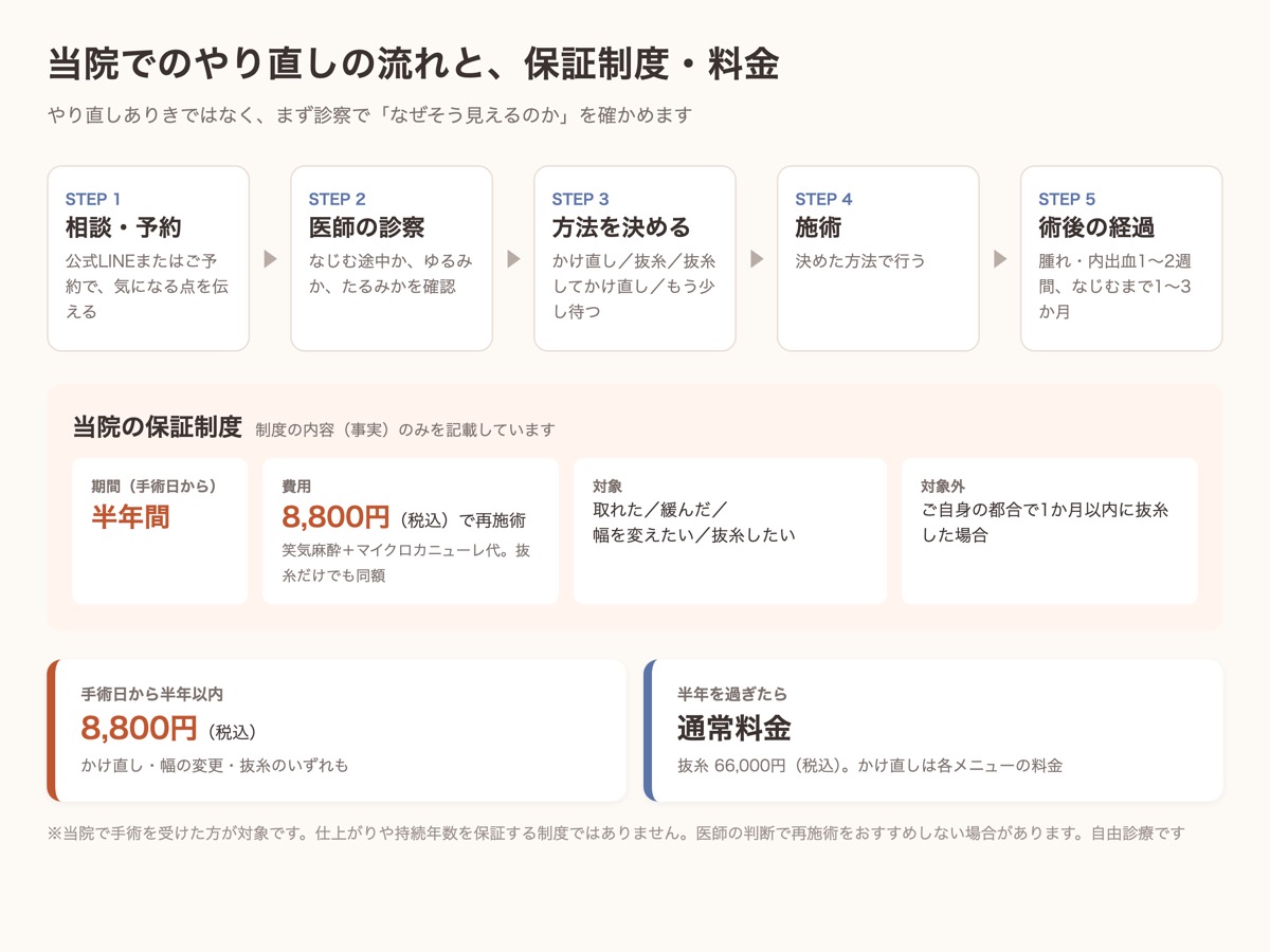 アーモンドクリニックでの埋没法やり直しの流れと、手術日から半年間8,800円の保証制度・料金をまとめた図
