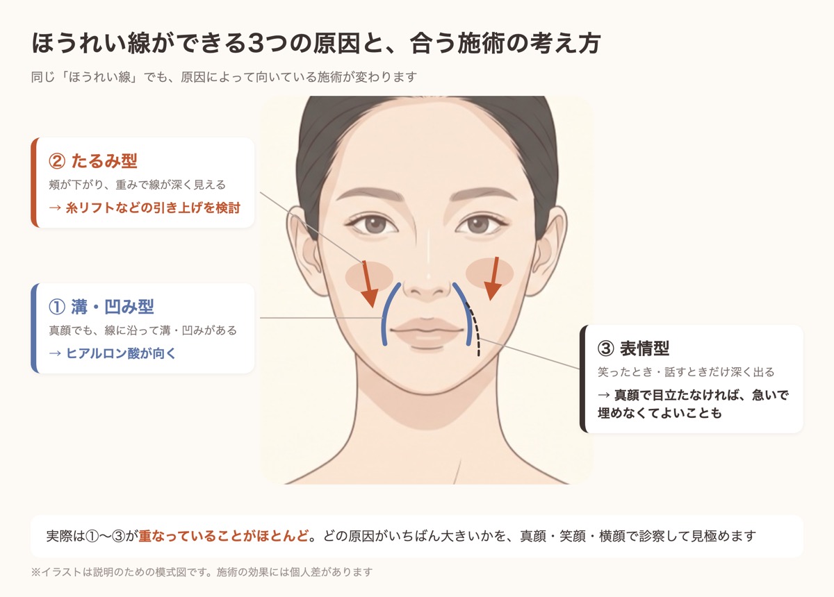 ほうれい線ができる3つの原因（溝・凹み型、たるみ型、表情型）と、ヒアルロン酸が向くタイプを示した図