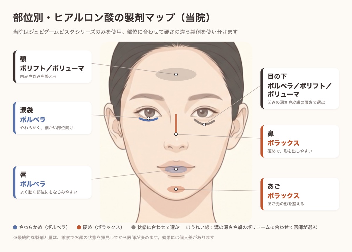 アーモンドクリニックで部位ごとに使うヒアルロン酸製剤の図。涙袋・唇はボルベラ、鼻・あごはボラックス、目の下・額はボリフトやボリューマを使い分ける