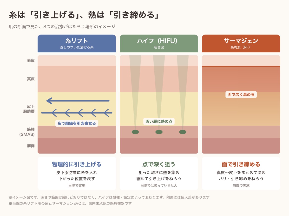 糸リフト・ハイフ・サーマジェンが肌のどの層にはたらくかを示した断面図。糸は皮下脂肪層を引き上げ、ハイフは深い層に点で熱、サーマジェンは面で温める