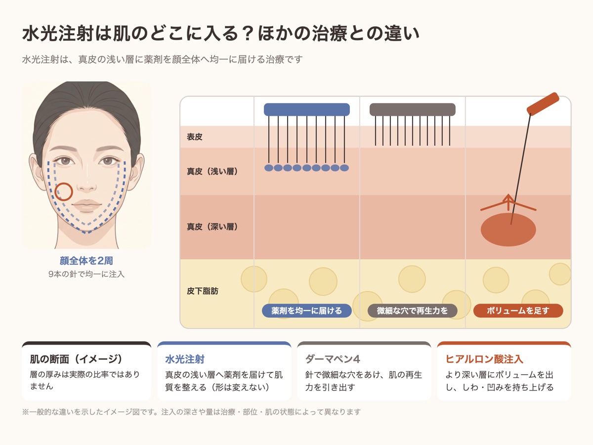 水光注射は真皮の浅い層に薬剤を均一に届ける。ダーマペン4やヒアルロン酸注入との違いを示した肌の断面図