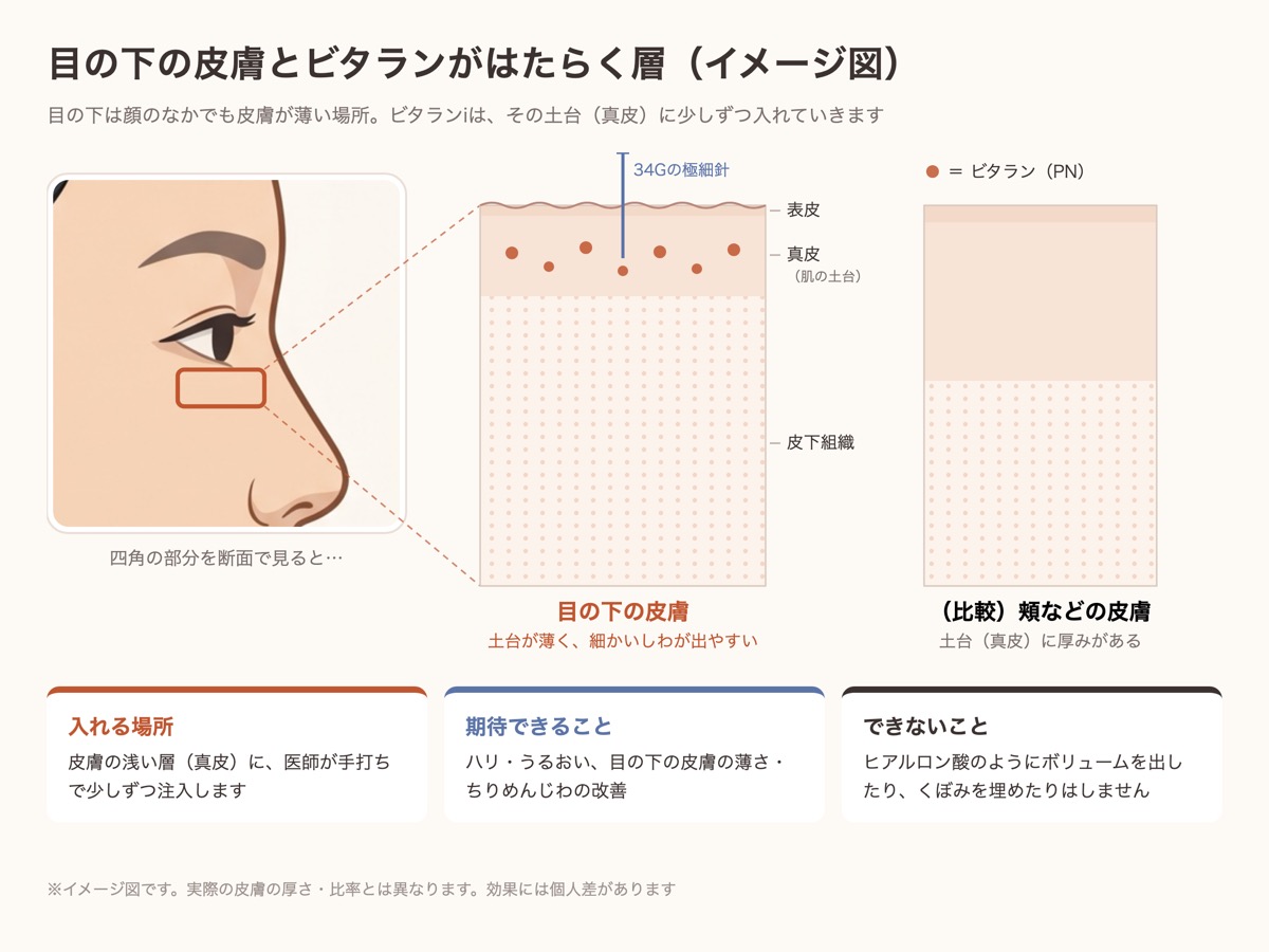 目の下の皮膚の断面イメージ図。頬より土台（真皮）が薄い目の下の皮膚に、34Gの極細針でビタラン（PN）を少しずつ注入する
