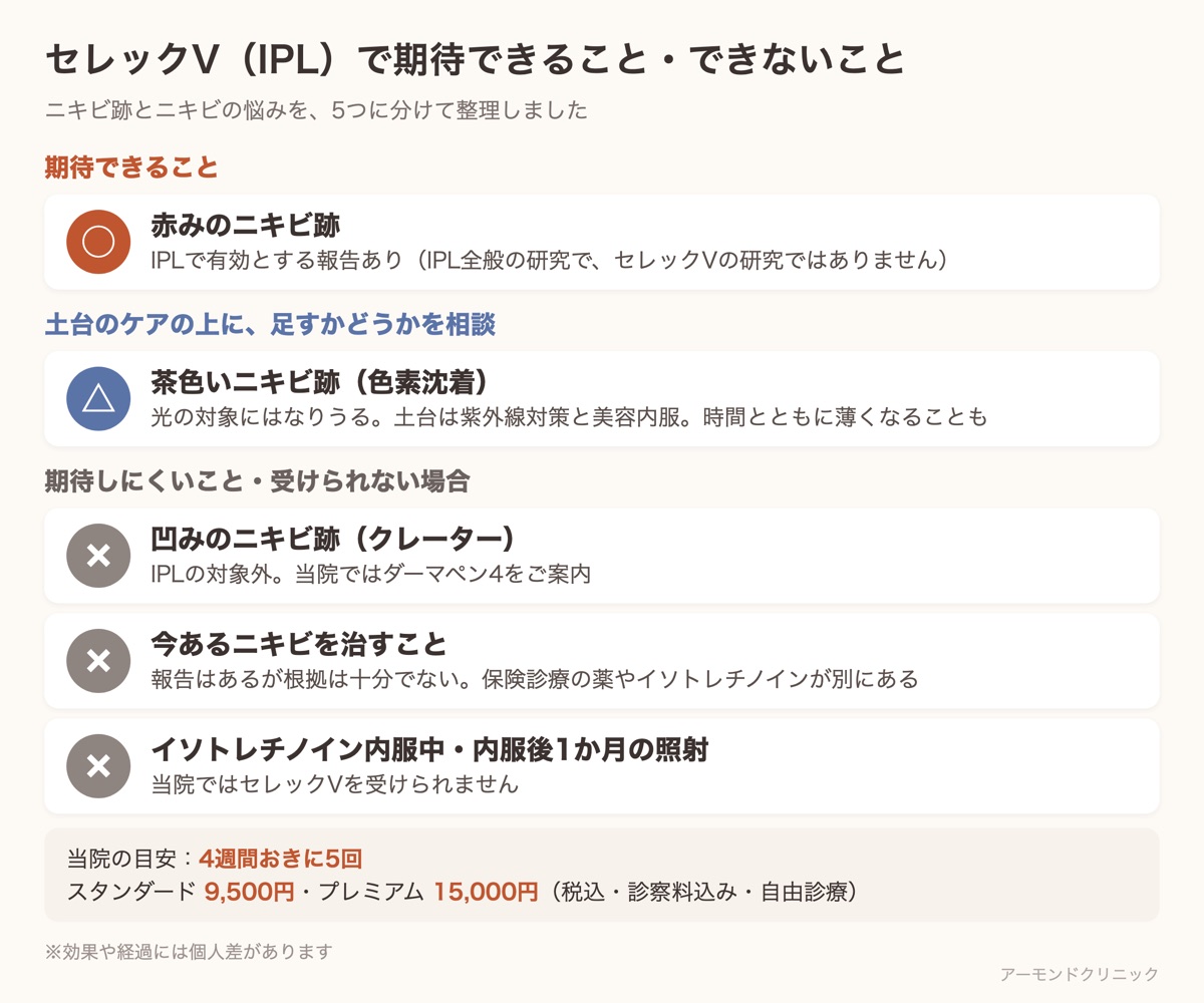 セレックV（IPL）でニキビ跡に期待できること・期待しにくいこと・受けられない場合の一覧