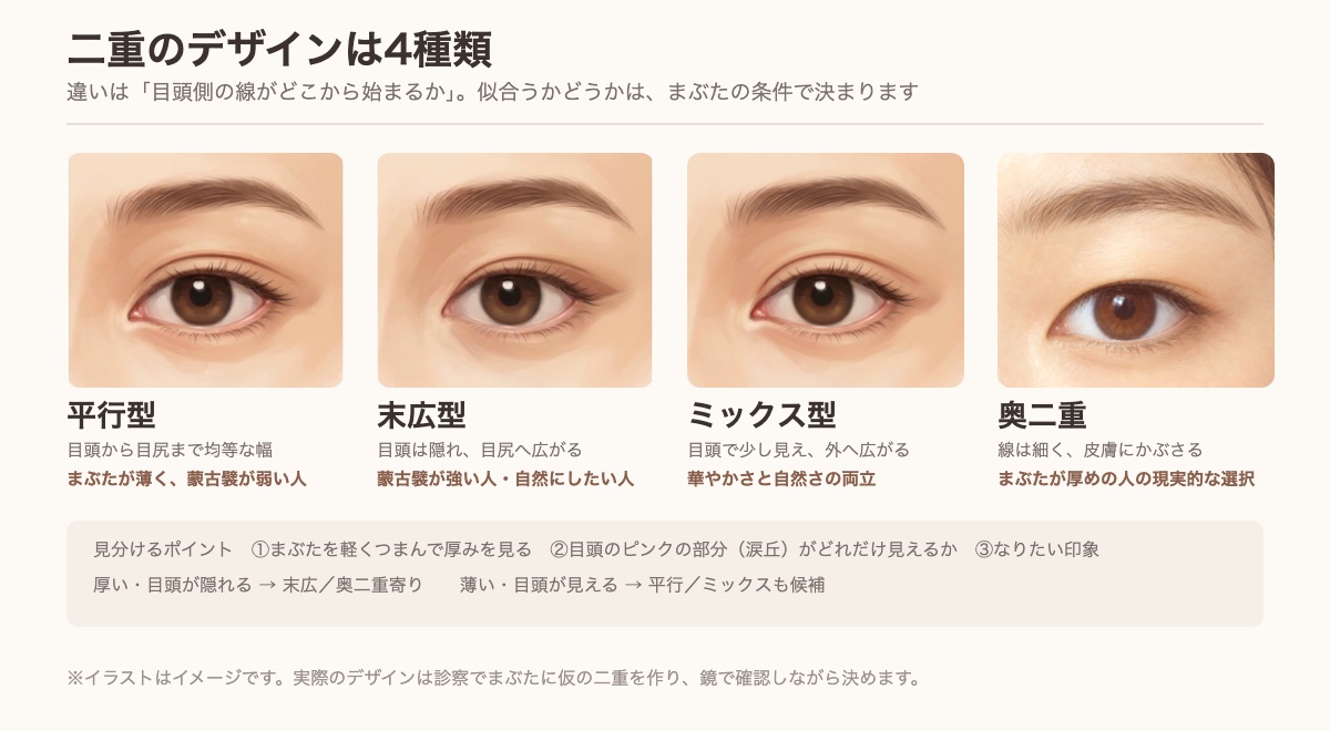 二重のデザイン4種類(平行型・末広型・ミックス型・奥二重)の違いを示した図