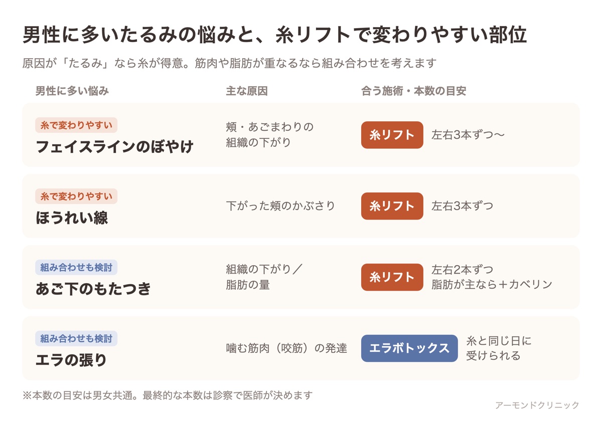 男性に多いたるみの悩み（フェイスライン・ほうれい線・あご下・エラの張り）と、それぞれの主な原因、糸リフトで変わりやすい部位と本数の目安をまとめた表