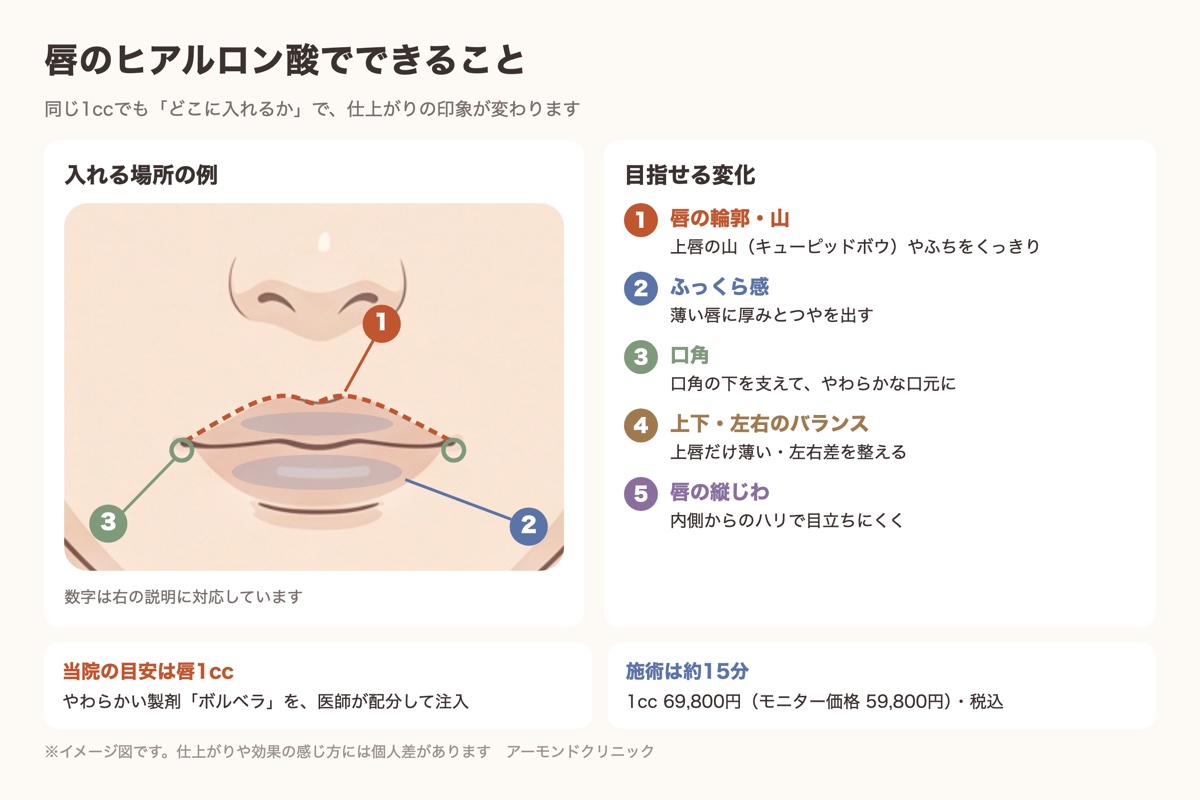 唇のヒアルロン酸で整えられる部位(輪郭・ふっくら感・口角)を示した図