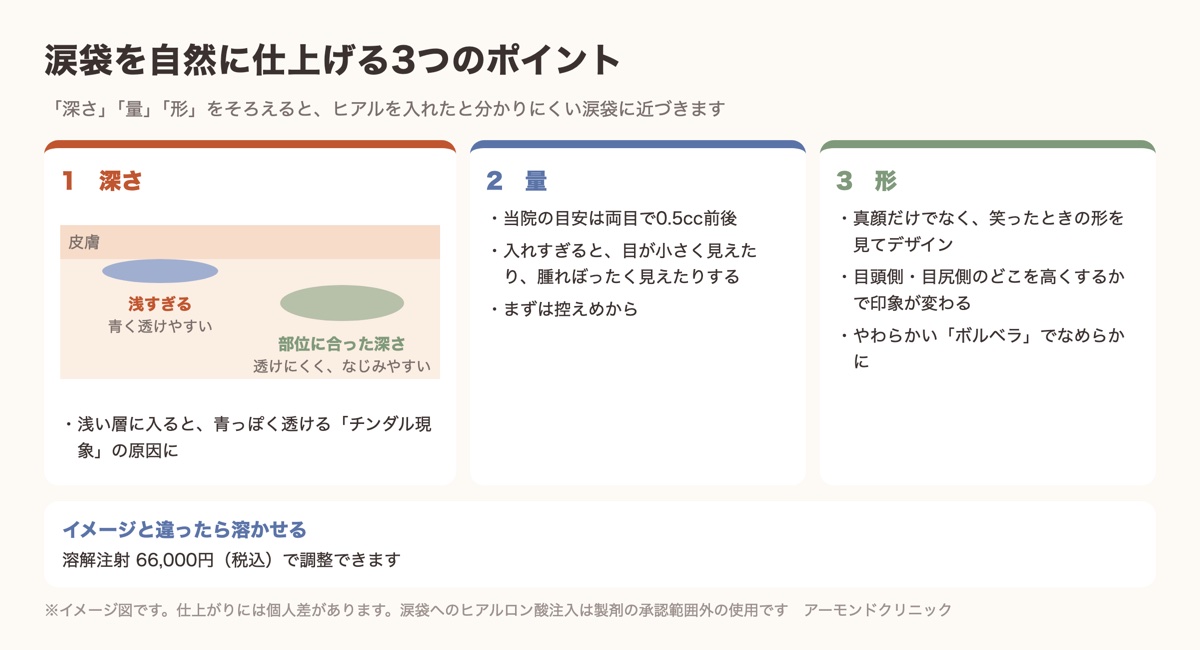 涙袋ヒアルロン酸を自然に仕上げる3つのポイント(深さ・量・形)の図